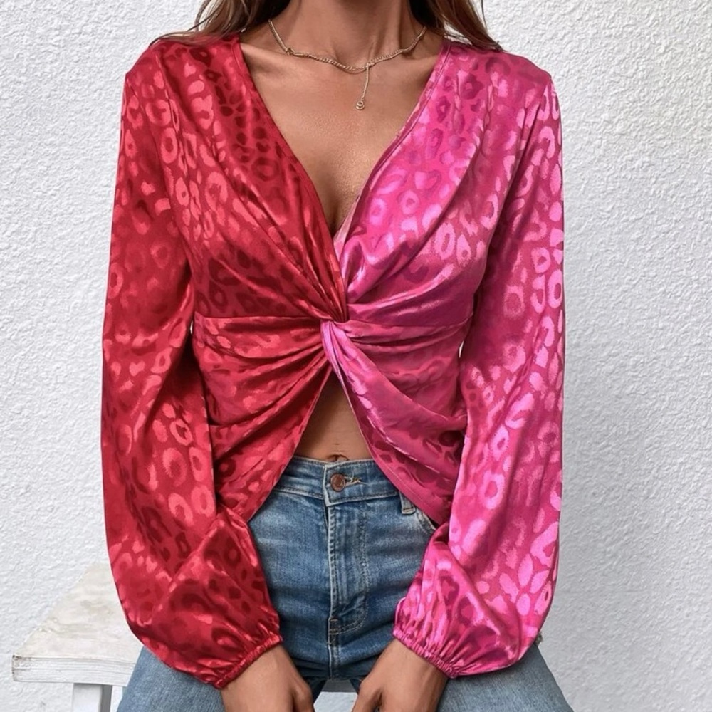 *NEW* SHEIN Colorblock Leopard Jacquard Lantern Sleeve Swiss Front Blouse